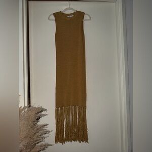 Sleeveless Knit Fringe Maxi Dress - Mustard